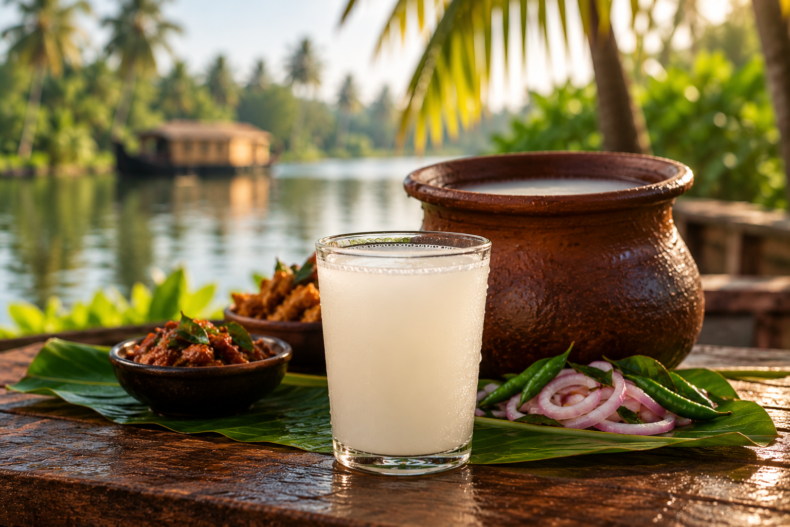 Traditional Kerala toddy in a glass with a clay pot
