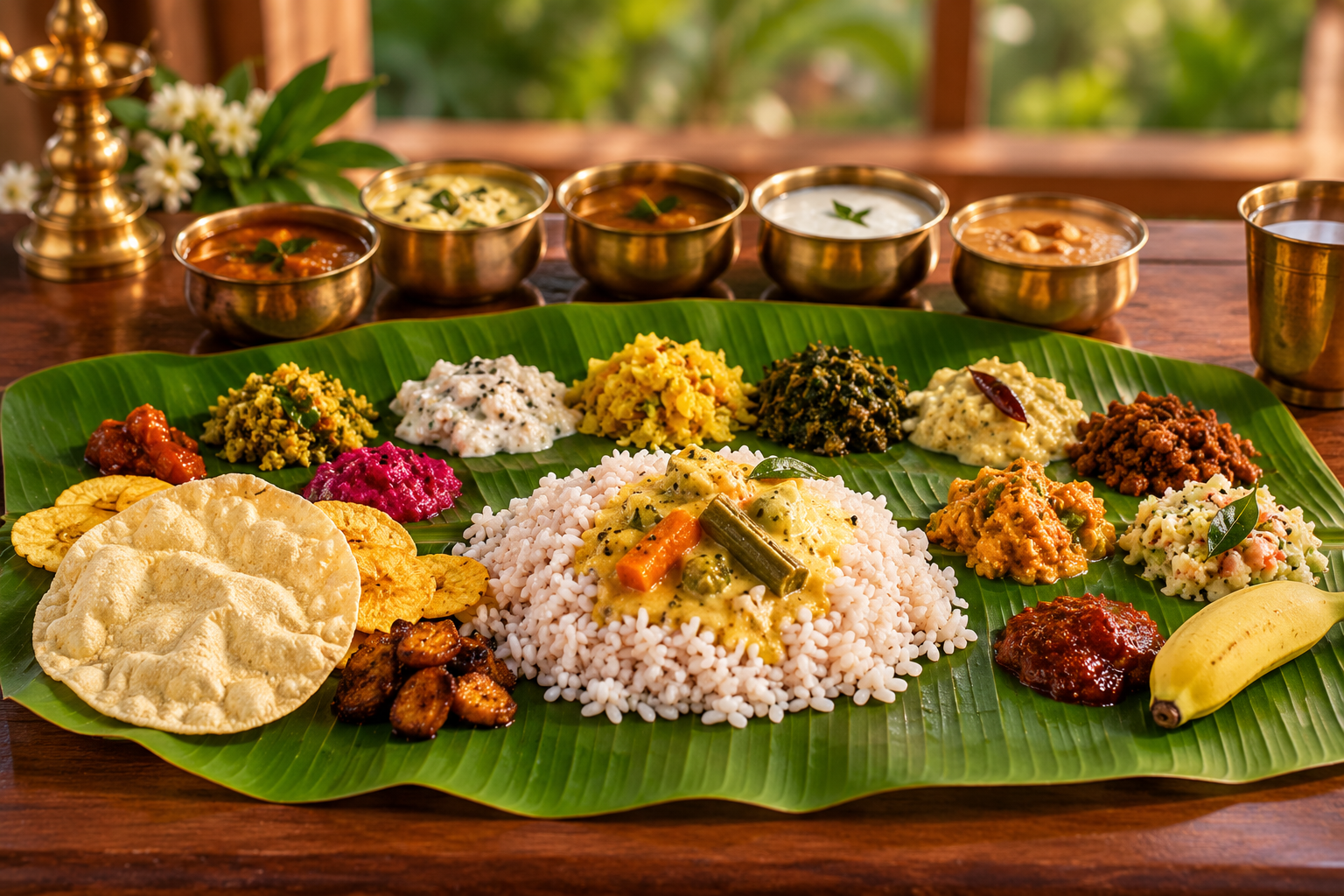 Traditional Kerala Sadya served on a banana leaf